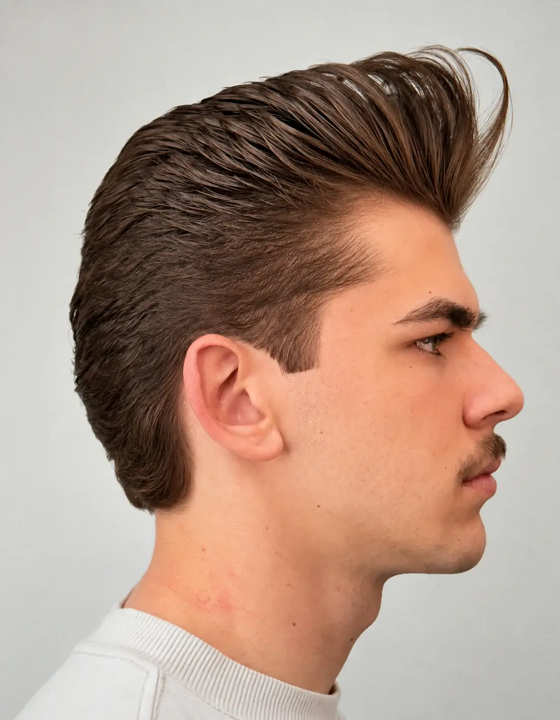 Corte masculino visto de perfil, com volume no topo e laterais reduzidas